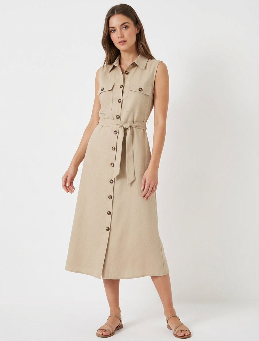 Vestido camisero recto sin mangas - Beis