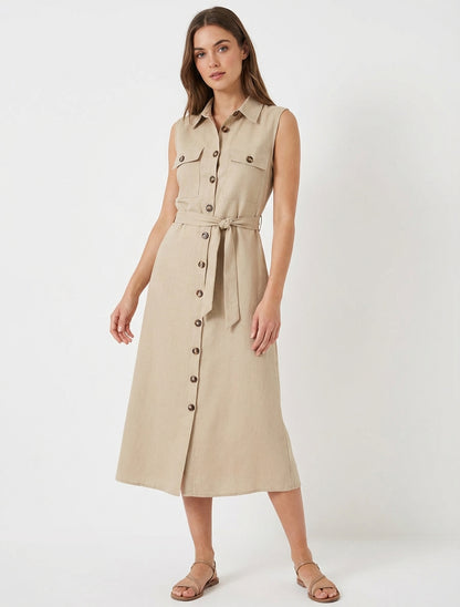 Vestido camisero recto sin mangas - Beis