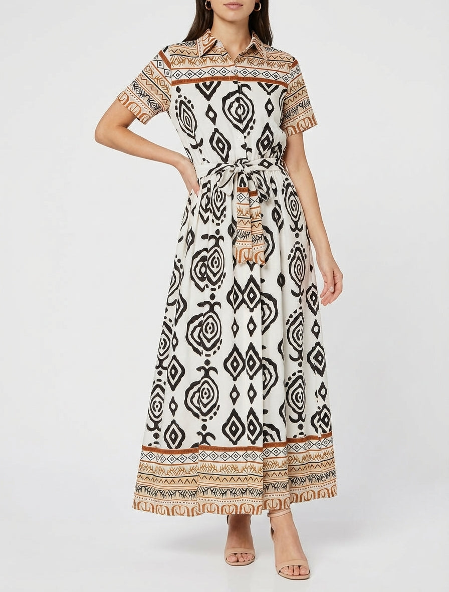 Vestido largo evasé con estampado gráfico - Blanco/marrón