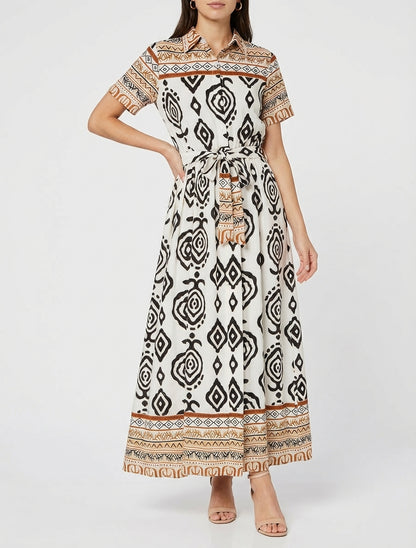 Vestido largo evasé con estampado gráfico - Blanco/marrón