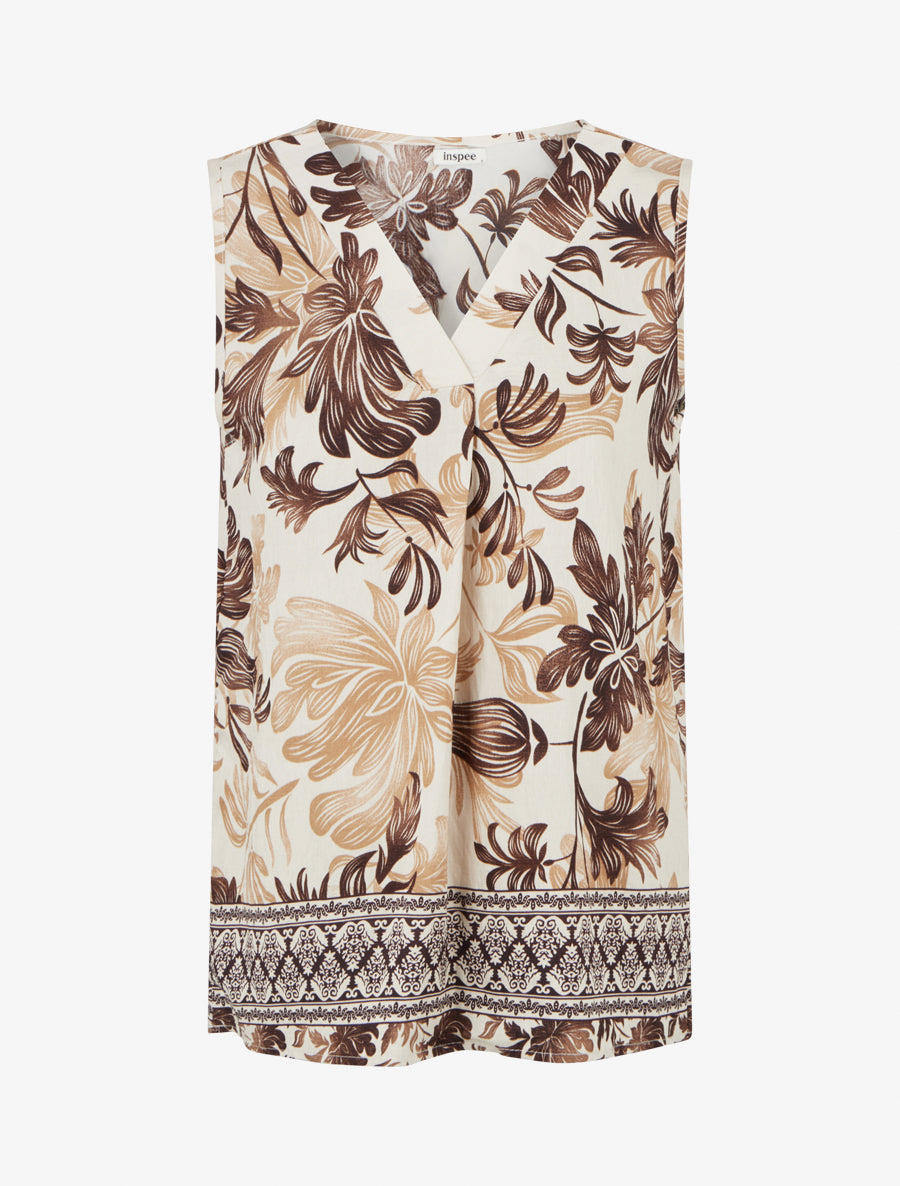 Top droit à col V et imprimé végétal - Marron - 1