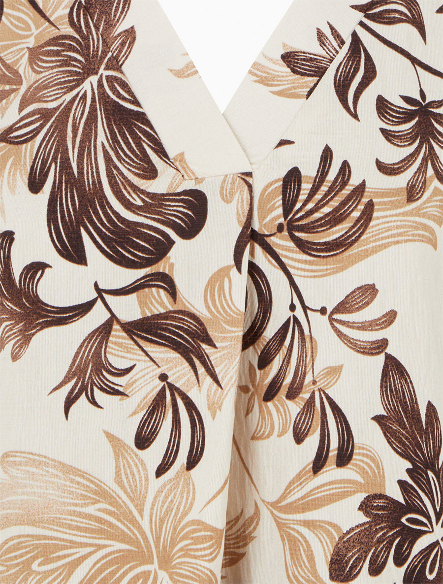 Top droit à col V et imprimé végétal - Marron - 3