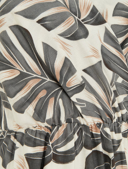 Robe longue imprimé feuilles à manches courtes - Gris - 3
