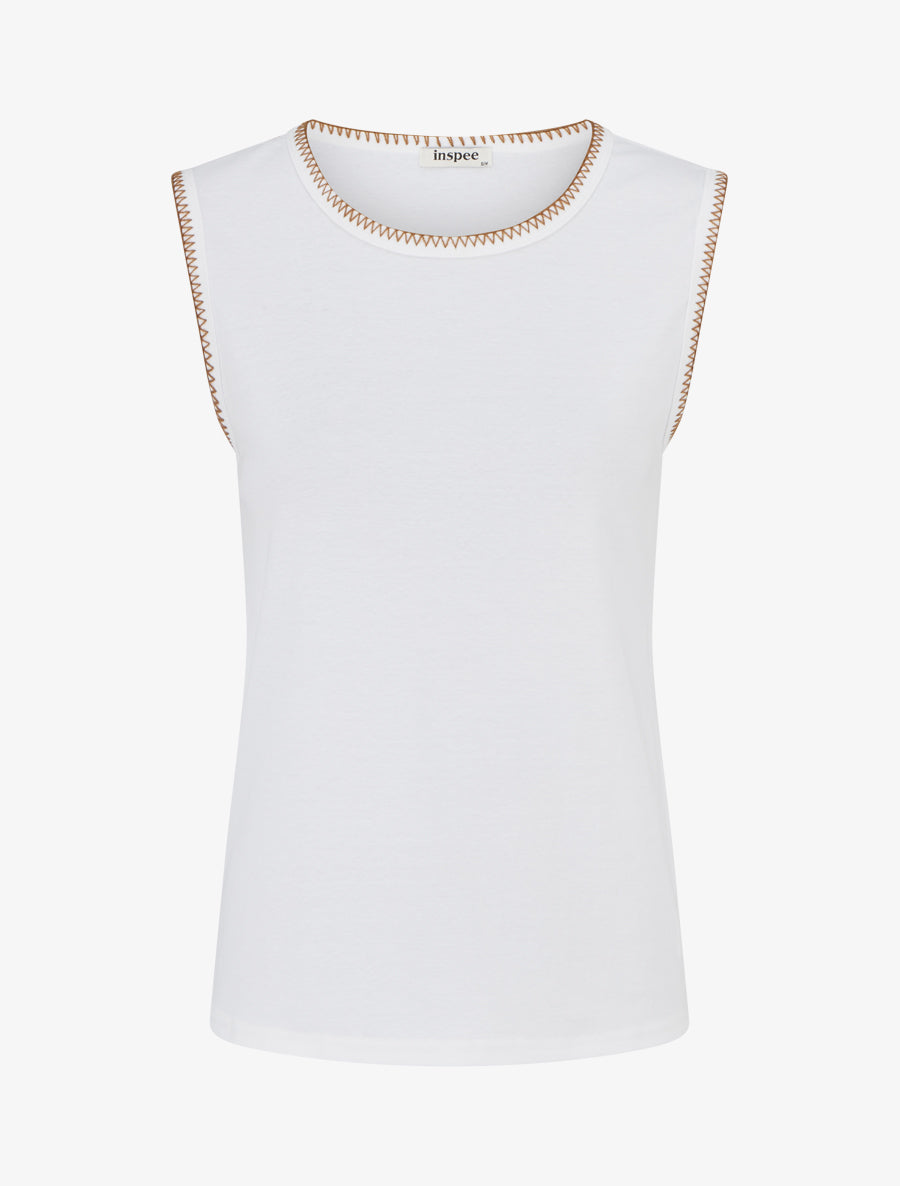 T-shirt uni sans manches à détail broderies - Blanc - 1