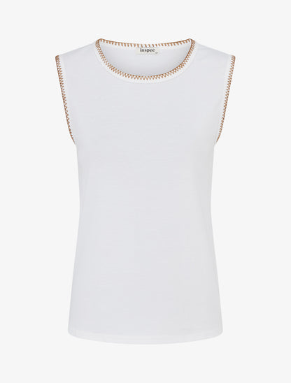 T-shirt uni sans manches à détail broderies - Blanc - 1