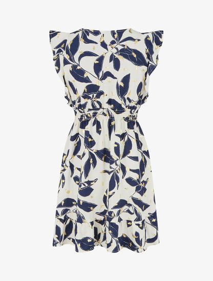 Robe imprimé feuilles à taille élastiquée - Marine - 2