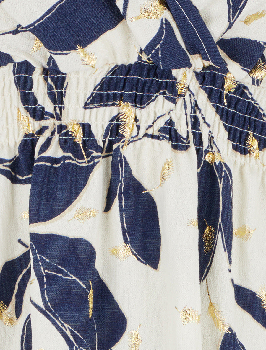Robe imprimé feuilles à taille élastiquée - Marine - 3