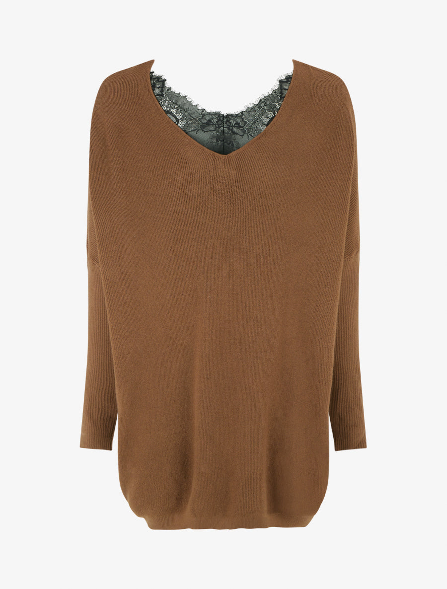 Pull long à détail dentelle au dos - Camel - 2