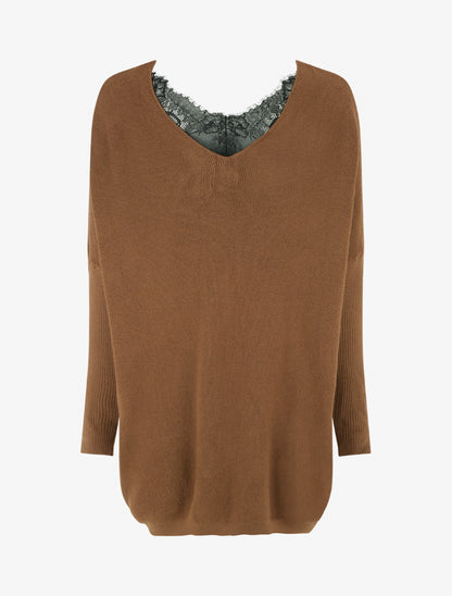 Pull long à détail dentelle au dos - Camel - 2