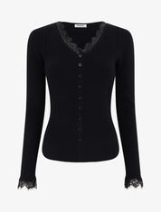 Pull ajusté à col V dentelle et boutons - Noir - 1