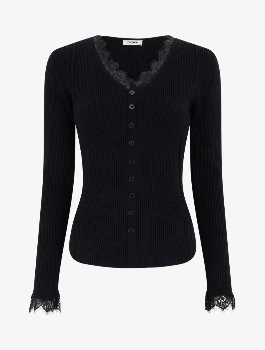 Pull ajusté à col V dentelle et boutons - Noir - 1