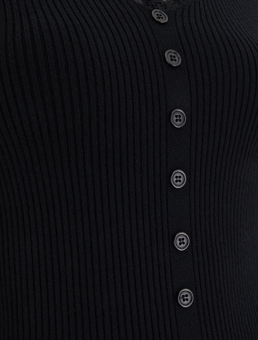 Pull ajusté à col V dentelle et boutons - Noir - 3