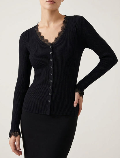 Jersey ajustado con cuello en V de encaje y botones - Negro