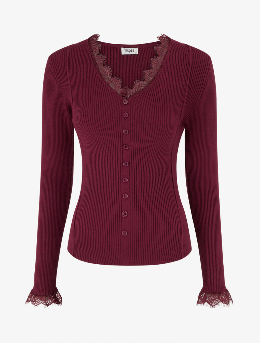 Pull ajusté à col V dentelle et boutons - Violine - 1