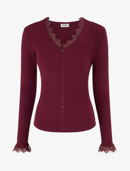 Pull ajusté à col V dentelle et boutons - Violine - 1