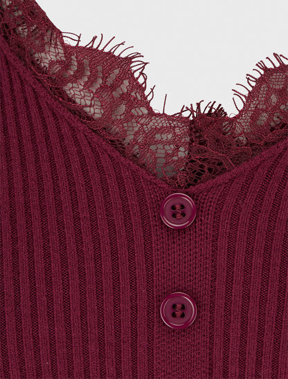Pull ajusté à col V dentelle et boutons - Violine - 3
