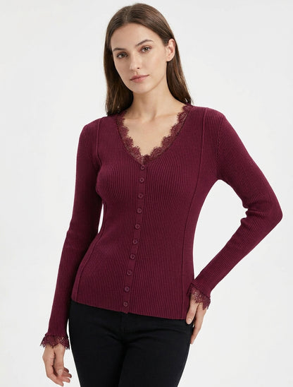 Jersey ajustado con cuello en V de encaje y botones - Violín
