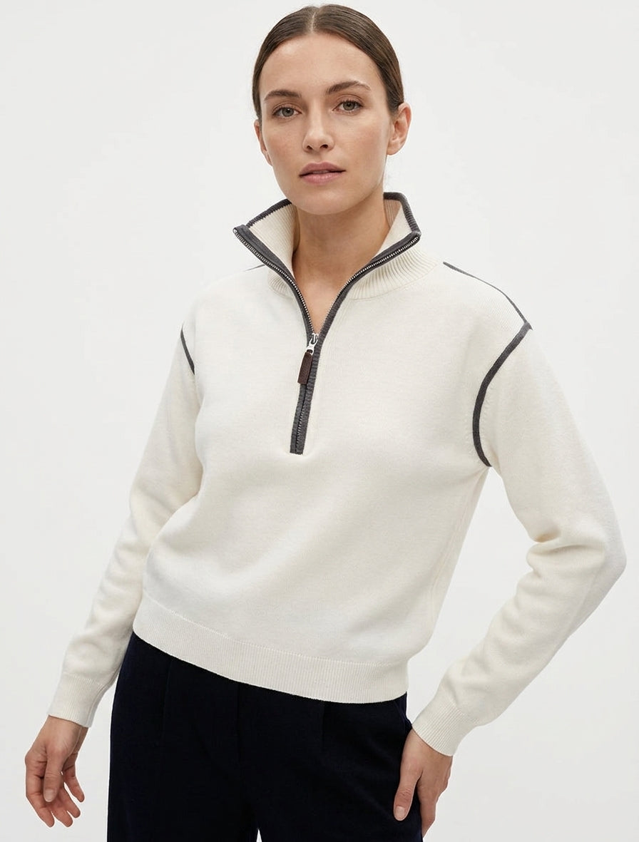 Jersey recto con cuello alto con cremallera. - Blanco