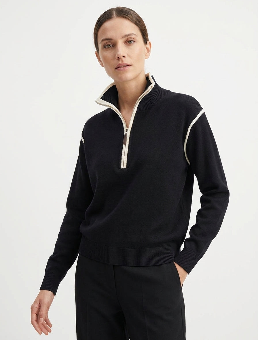 Jersey recto con cuello alto con cremallera. - Negro