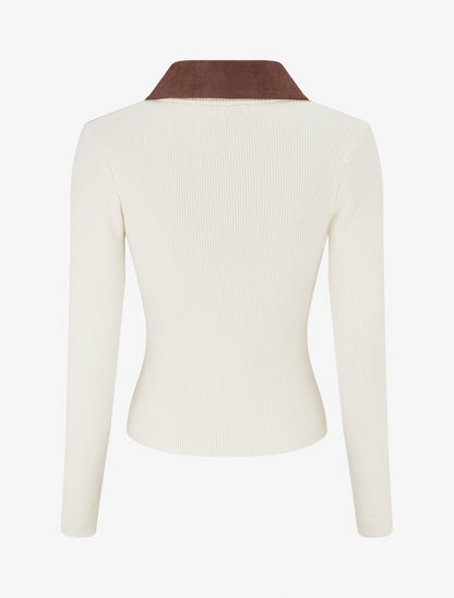 Pull fin en maille à col boutonné en suédine - Écru - 2