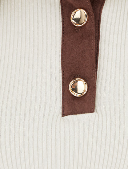 Pull fin en maille à col boutonné en suédine - Écru - 3