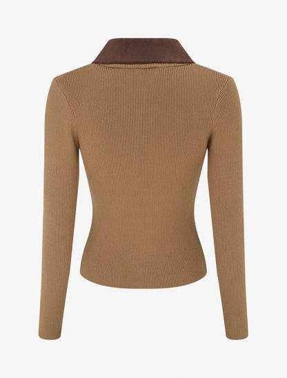 Pull fin en maille à col boutonné en suédine - Camel - 2