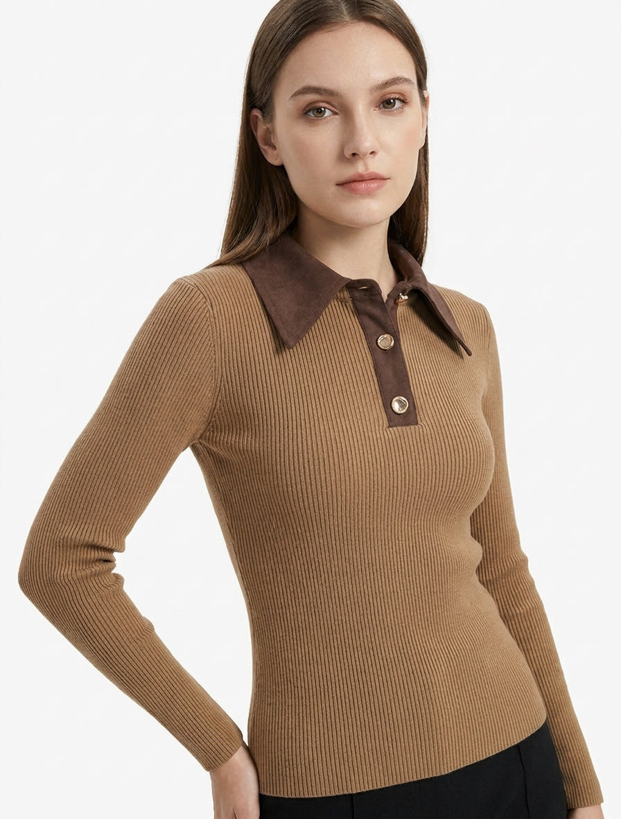 Jersey fino de punto con cuello abotonado en ante. - Camello