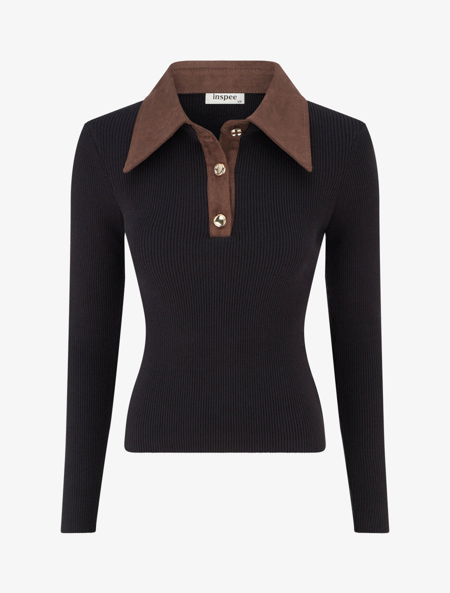 Pull fin en maille à col boutonné en suédine - Noir - 1