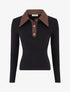 Pull fin en maille à col boutonné en suédine - Noir - 1
