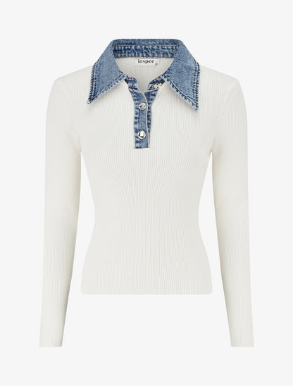 Pull fin en maille à col boutonné en jean - Écru - 1