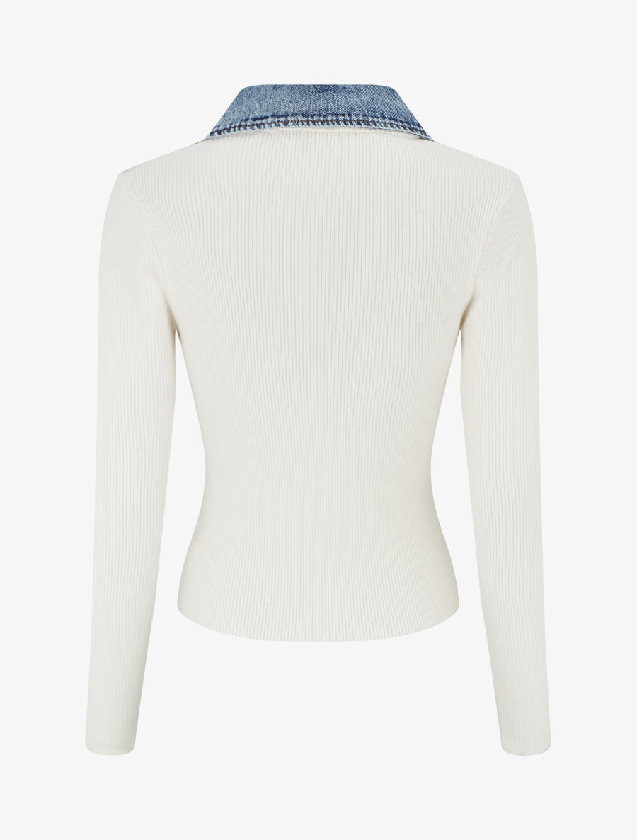 Pull fin en maille à col boutonné en jean - Écru - 2