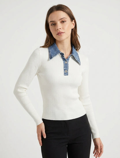 Suéter fino de punto con cuello abotonado en denim - Crudo