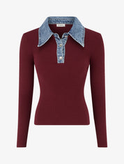 Pull fin en maille à col boutonné en jean - Bordeaux - 1
