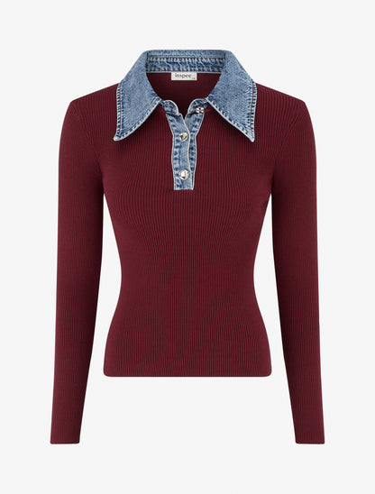 Pull fin en maille à col boutonné en jean - Bordeaux - 1