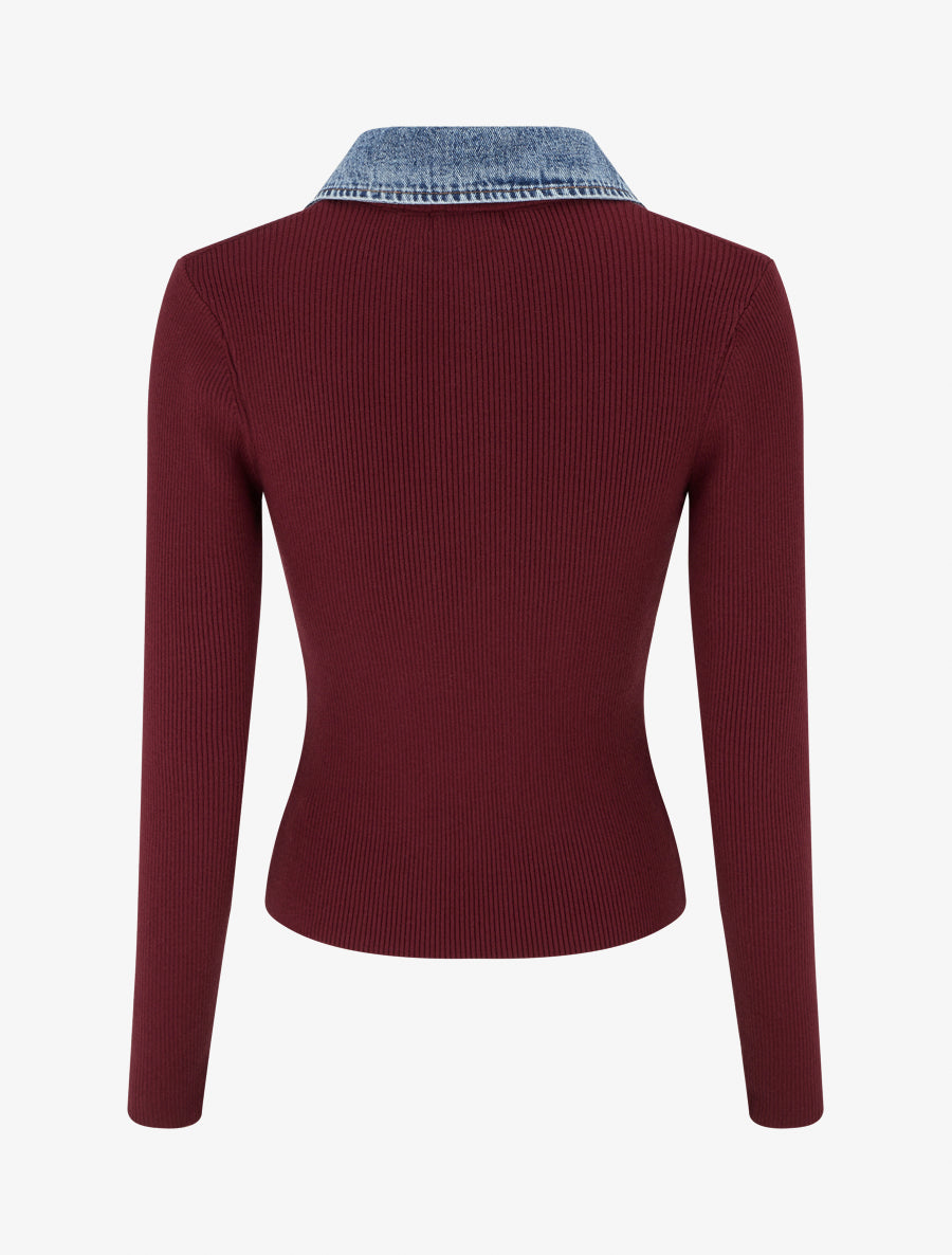 Pull fin en maille à col boutonné en jean - Bordeaux - 2
