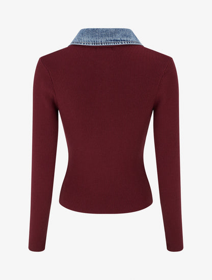 Pull fin en maille à col boutonné en jean - Bordeaux - 2