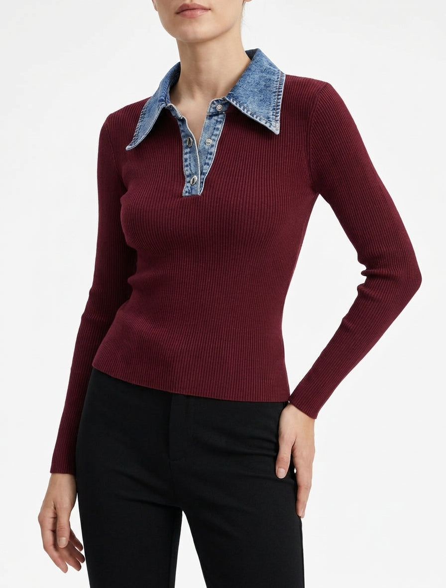 Suéter fino de punto con cuello abotonado en denim - Burdeos