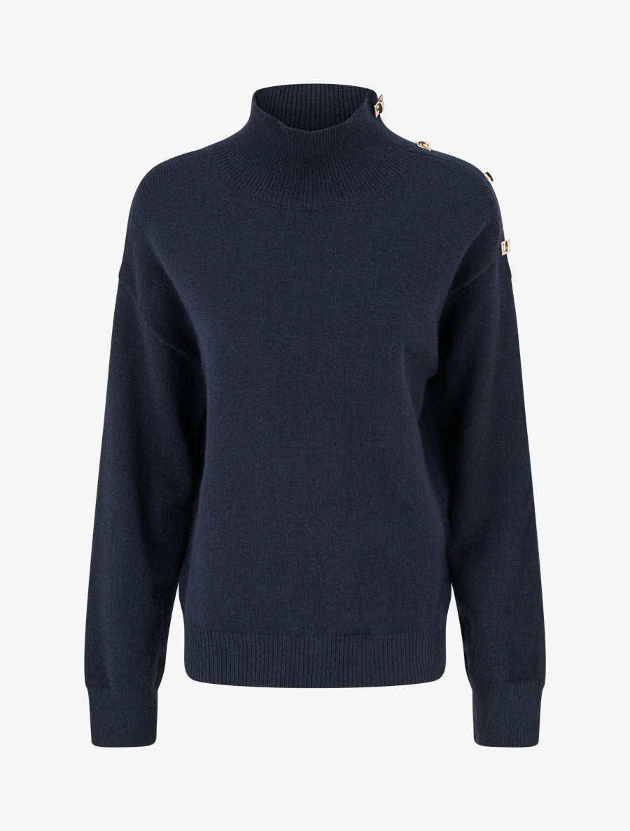 Pull droit à col montant et boutons métalliques - Marine - 1
