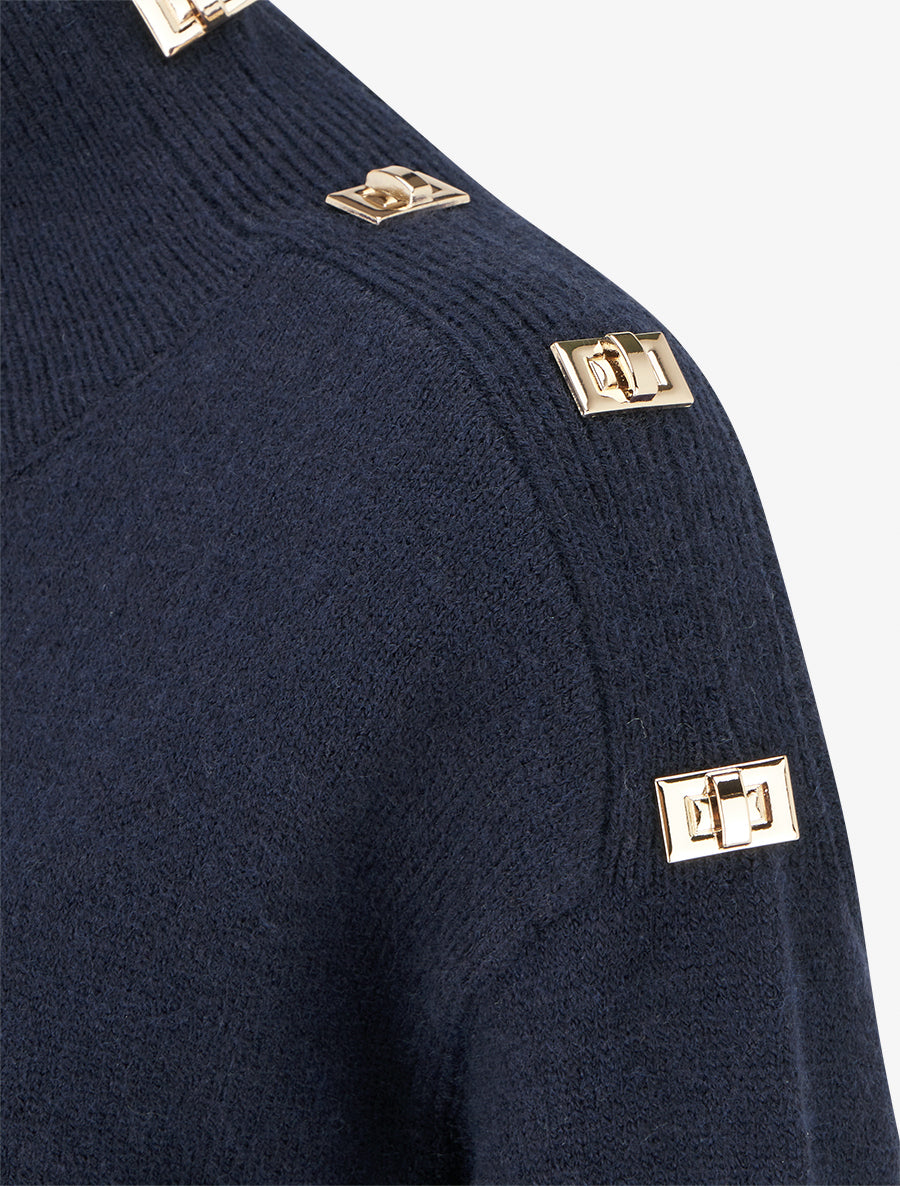 Pull droit à col montant et boutons métalliques - Marine - 3