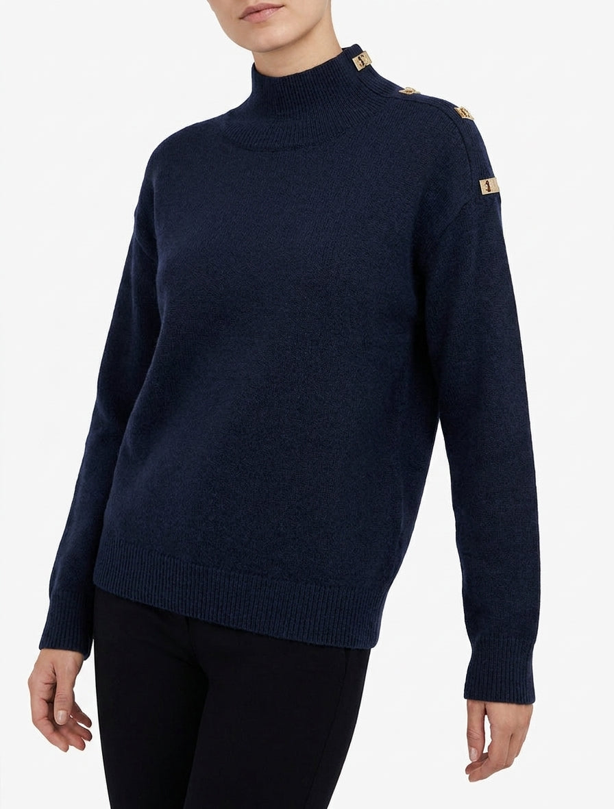 Jersey recto con cuello alto y botones metálicos. - Marine