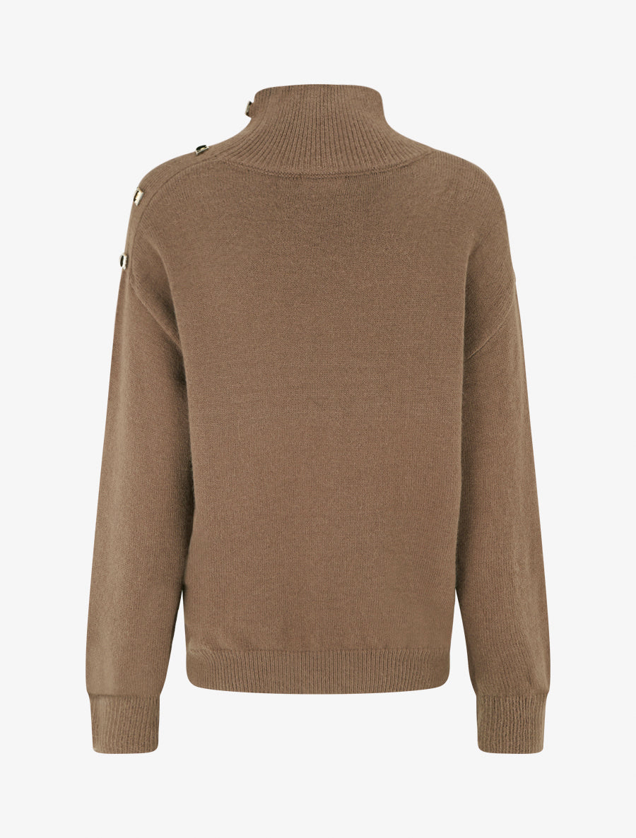 Pull droit à col montant et boutons métalliques - Marron - 2