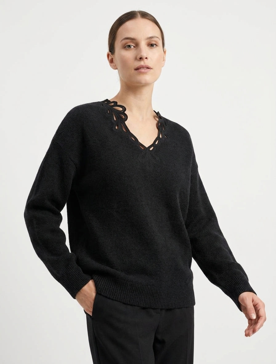 Jersey liso con cuello en V calado - Negro