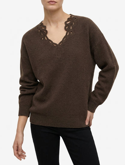 Jersey liso con cuello en V calado - Marrón