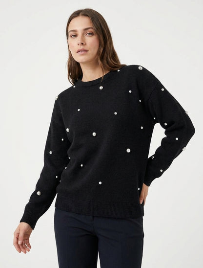 Suéter liso con tachuelas y cuello redondo - Negro