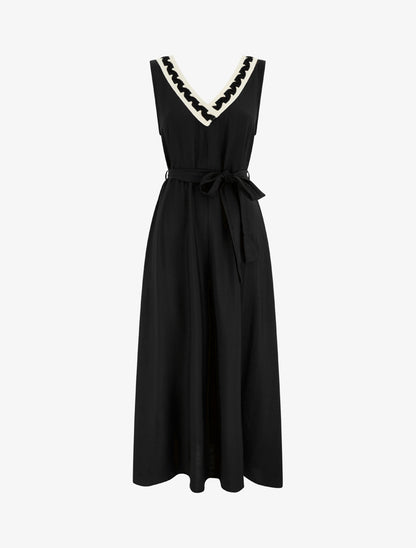 Robe longue sans manches à col V fantaisie - Noir - 1