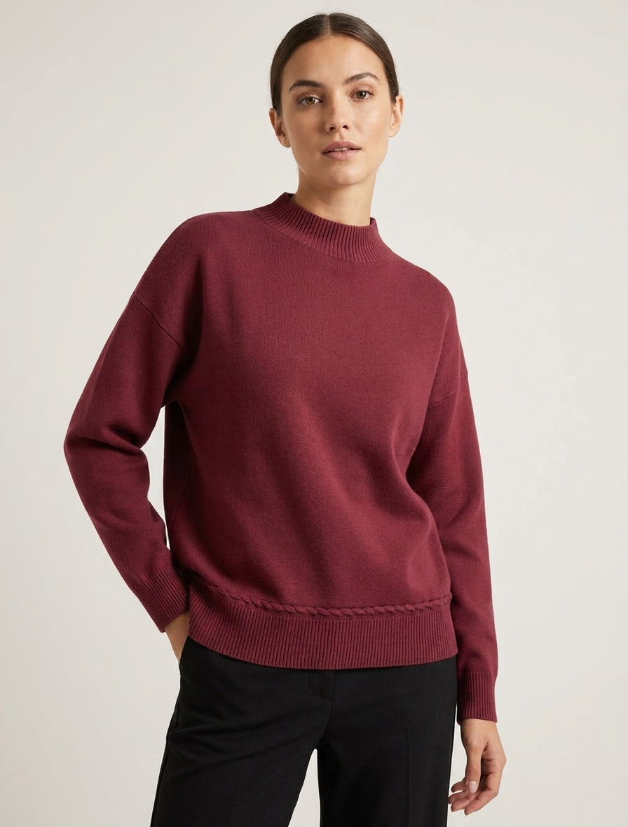 Jersey holgado con cuello alto y costura decorativa. - Burdeos