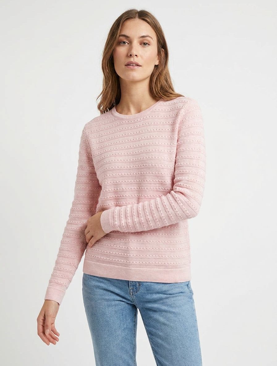 Suéter liso texturizado con cuello redondo - Rosa