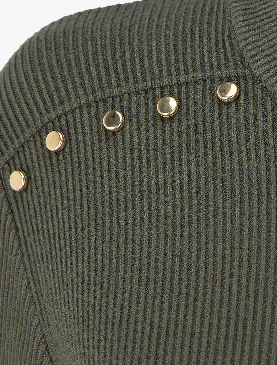 Pull côtelé à clous décoratifs aux épaules - Kaki - 3