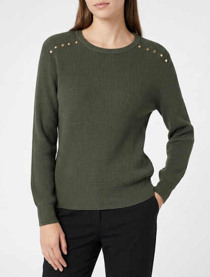 Jersey acanalado con tachuelas decorativas en los hombros. - Caqui