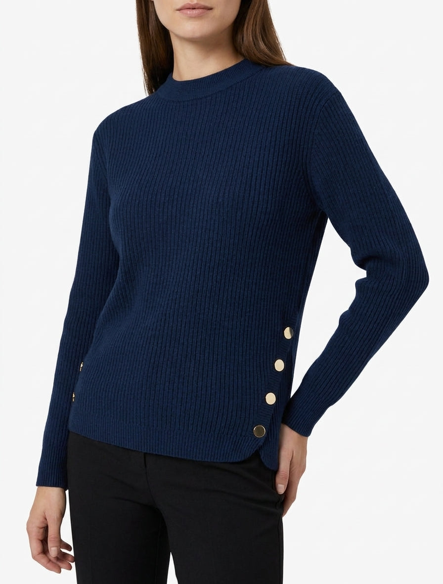Jersey de canalé con canesú de botones decorativos. - Marine